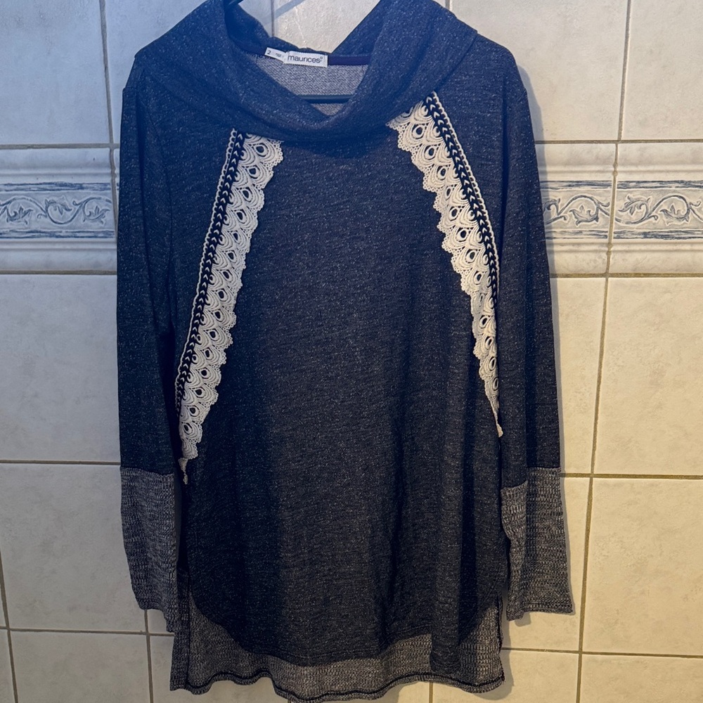 Maurices Charcoal Tunic with White Lace Trim